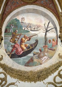 Scene showing that those born under the sign of Libra in conjunction with the constellation of Sagitta or the Arrow will be skilled at archery, symbolised by a hunt with archers shooting ducks by Giulio Romano